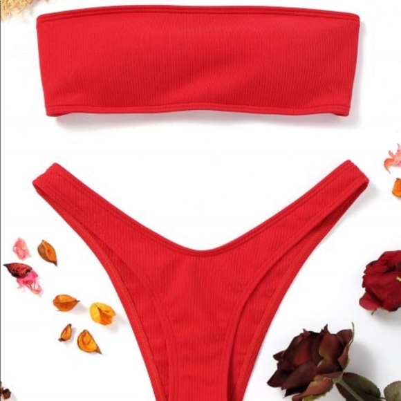 red strapless swimsuit